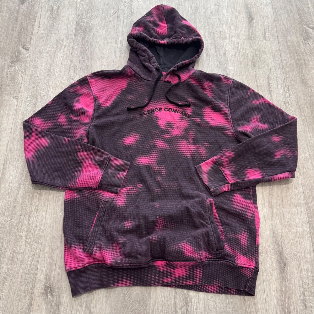 Y2K DC Shoe Company Hoodie Mens Pink Black Acid Wash Tie Dye Knit Pullover